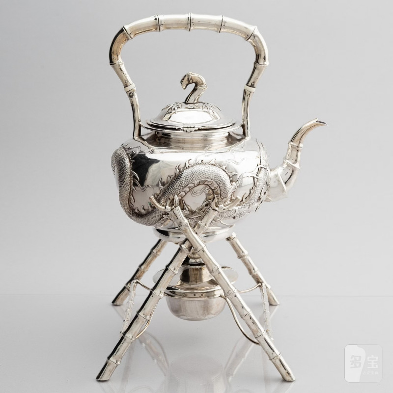 A Chinese five piece export silver tea set, - 图4